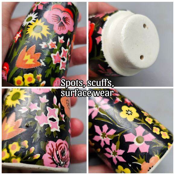 VTG NapcoWare Salt Pepper Shaker Set Pink Black Moody Mod Floral C-7681 Japan - Picture 5 of 8